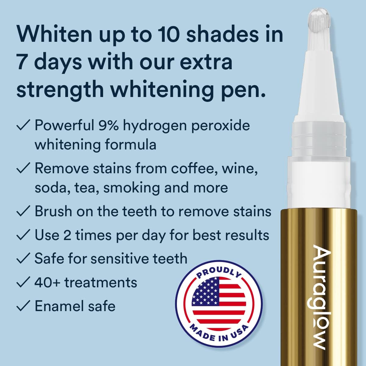 Auraglow Extra Strength Teeth Whitening Pen, 9% Hydrogen Peroxide, 40+ Whitening Treatments, Whitens Teeth Fast, No Sensitivity, 4mL