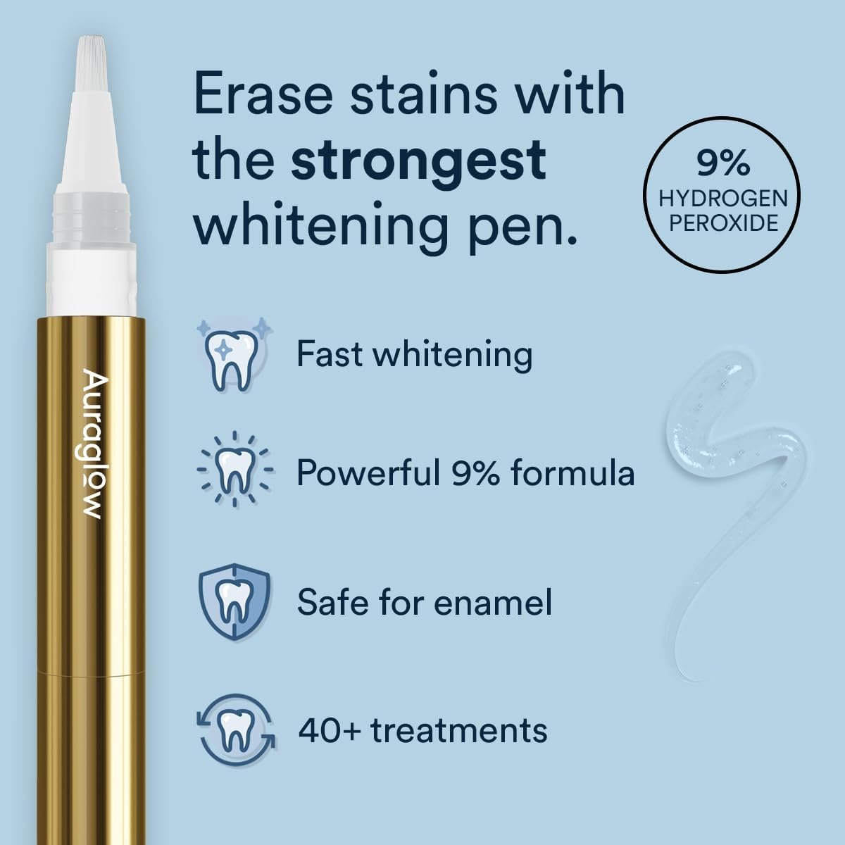 Auraglow Extra Strength Teeth Whitening Pen, 9% Hydrogen Peroxide, 40+ Whitening Treatments, Whitens Teeth Fast, No Sensitivity, 4mL