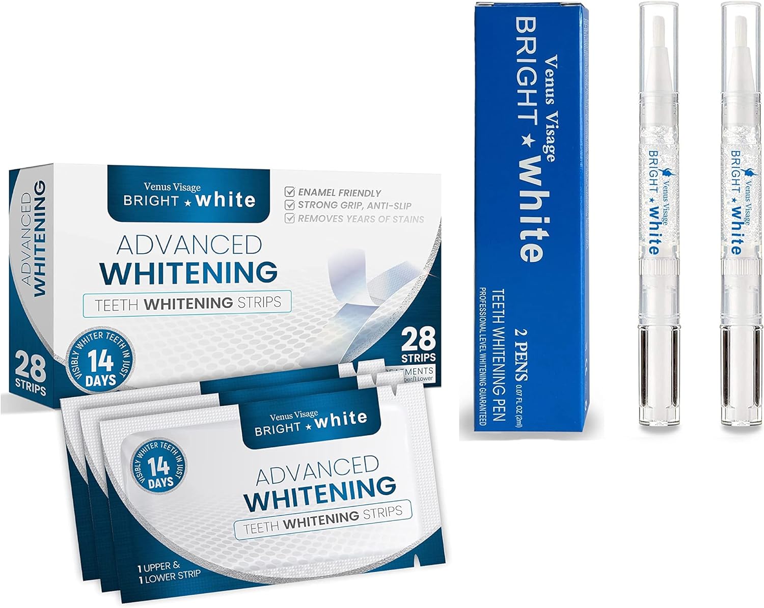 Bundle: Venus Visage Teeth Whitening Pen (2 Pens) and Venus Visage Teeth Whitening Strips 28 Strips (14 Pack) Effective＆Painless, No Sensitivity, Travel-Friendly, Easy to Use, Beautiful White Smile,