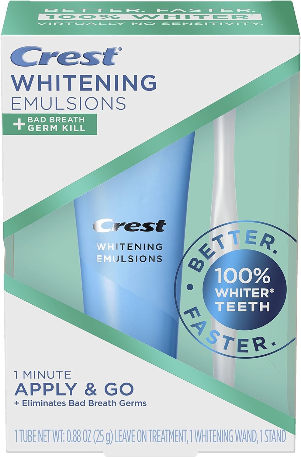 Crest Whitening Emulsions + Bad Breath Germ Kill Leave-On Teeth Whitening Gel Kit with Wand Applicator and Stand, Apply  Go, 0.88oz