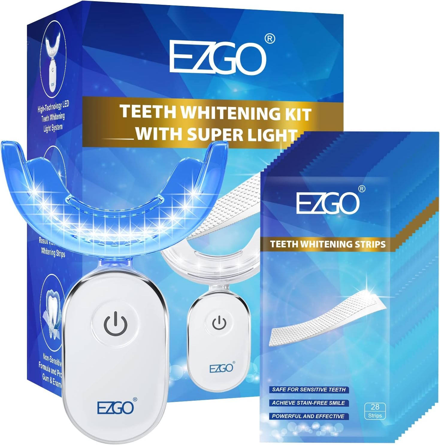 EZGO Teeth Whitening Kit with LED Light, Non-Sensitive Teeth Whitener with 1 Month Teeth Whitening Strip, 28LED Teeth Whitening Light, Help to Remove Teeth Stains from Coffee, Tea and Wine (28Count)