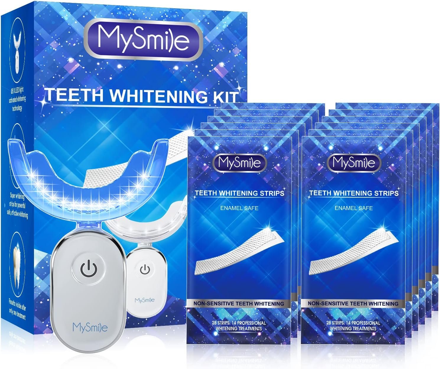 MySmile Teeth Whitening Kit with led Light, 28X Teeth Whitening Strips for Teeth Sensitive, 10 Min Fast Whitening Teeth, Helps to Remove Stains from Coffee, Smoking, Wines(1Pcs Light + 14Sets Strips)