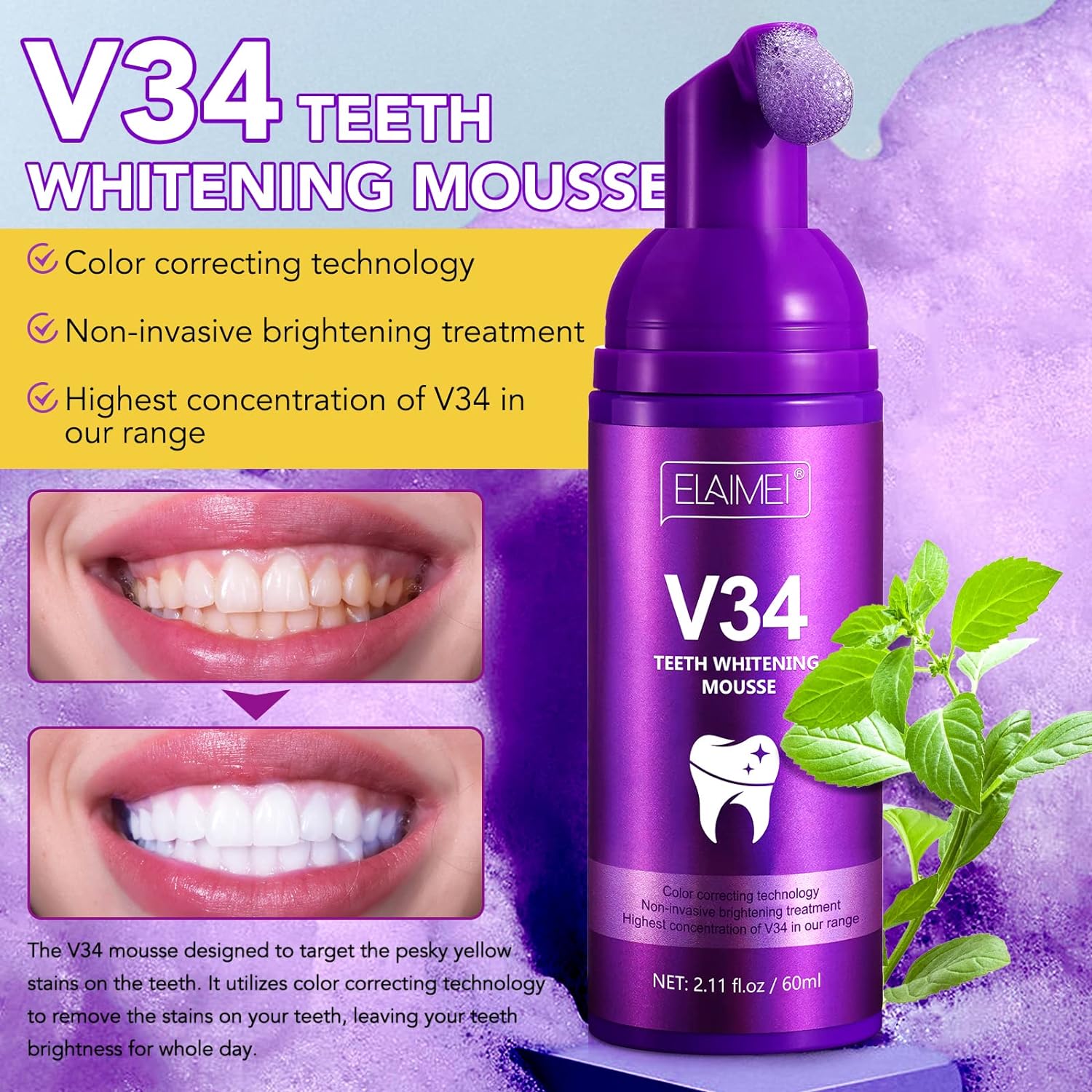 Purple Toothpaste for Teeth Whitening, v34 Color Corrector Toothpaste, Purple Toothpaste Whitening, Colour Correcting Tooth Stains Fit for Sensitive Teeth Leaving Teeth Bright for the Whole Day (60ml)