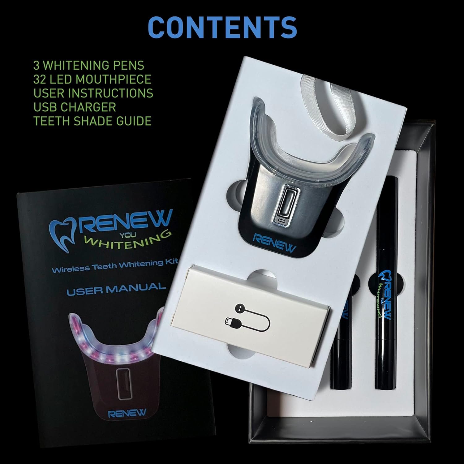 ReNewYou Teeth Whitening Kit with 3 Non-Sensitive Whitening Pens, Wireless Multicolor 32 LED Mouthpiece, 20+ Whitening Treatments, Teeth Shade Guide, etc.