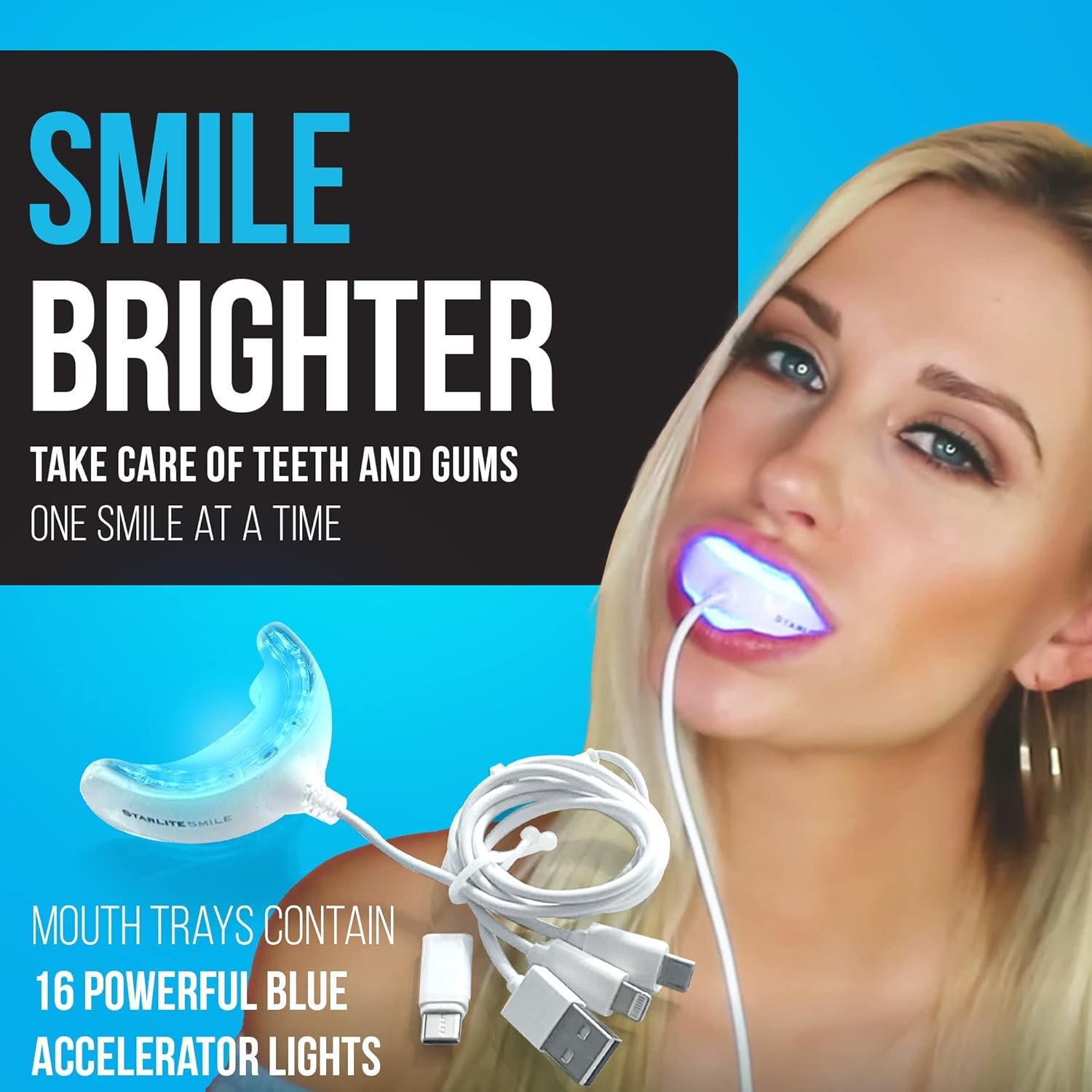 Starlite Smile Teeth Whitening Accelerator Light, 16x Powerful Blue LED Light Mouth Tray, Teeth Whitening Machine for Home Use, Connected with iPhone/Android/USB/USB-C, Teeth Whitener Light Gum Tray