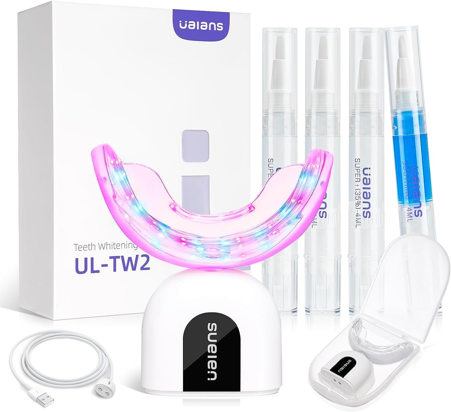 Teeth Whitening Kit, Ualans Teeth Whitener with 32X LED Blue Red Light, 35% Carbamide Peroxide Teeth Whitening Pen, Soothing Gel, Enamel Safe, IPX6 Waterproof, Professional 10 Mins Tooth Whitening